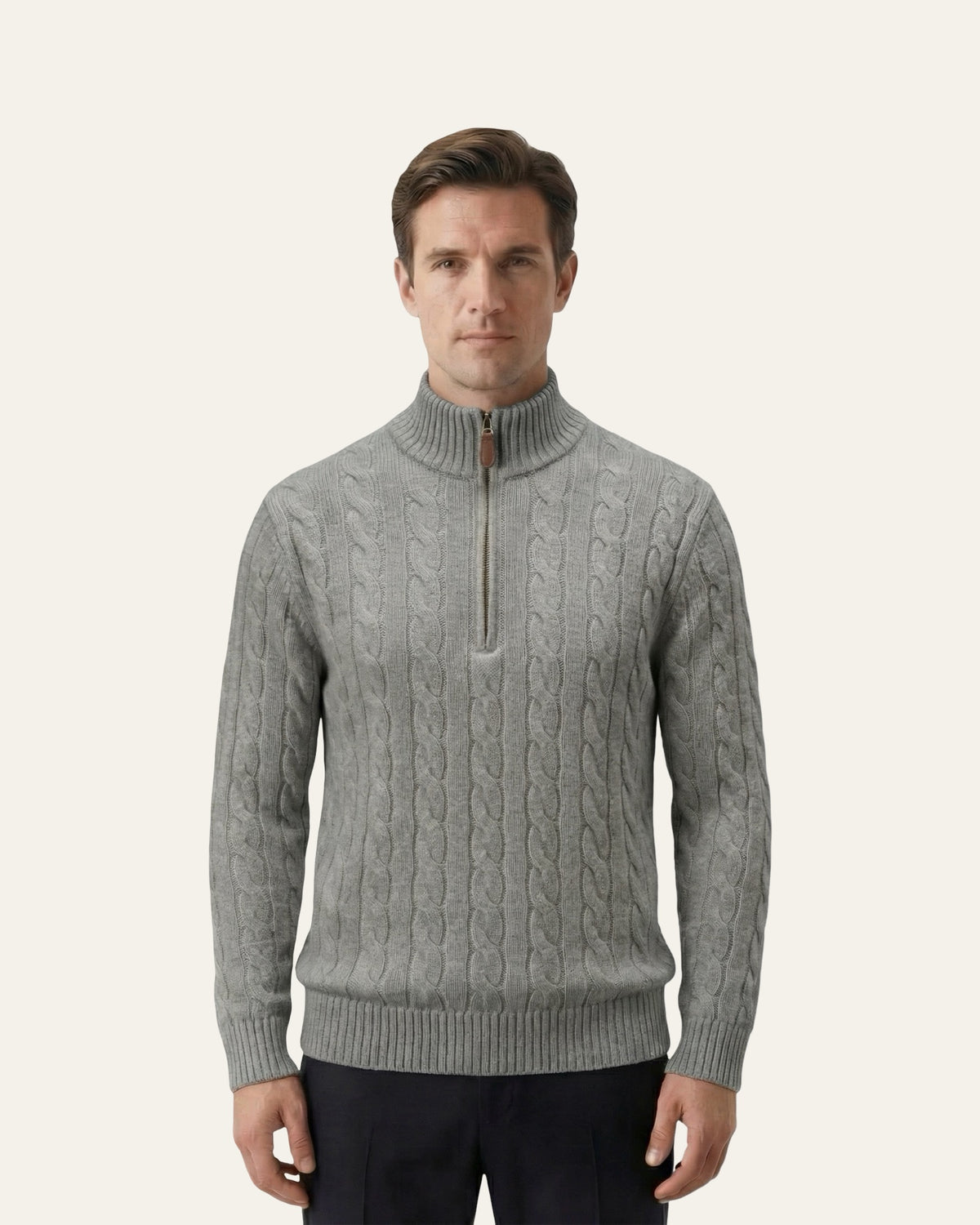 Silk–Cotton Cable Knit Half-Zip Grey — Shot 03
