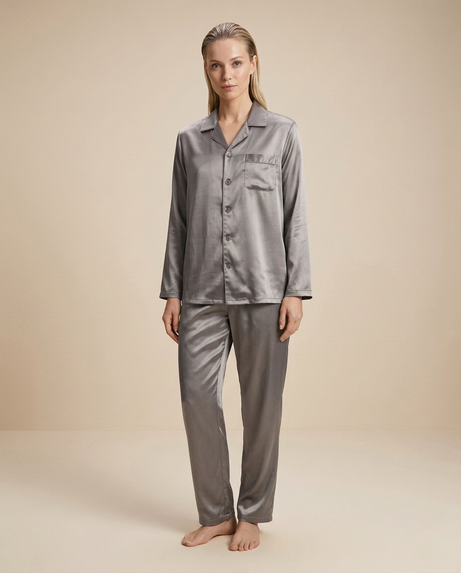 Nocturne Long-Sleeve Lounge Set — Silver, female styling with loose slicked-back hair on a plain beige background