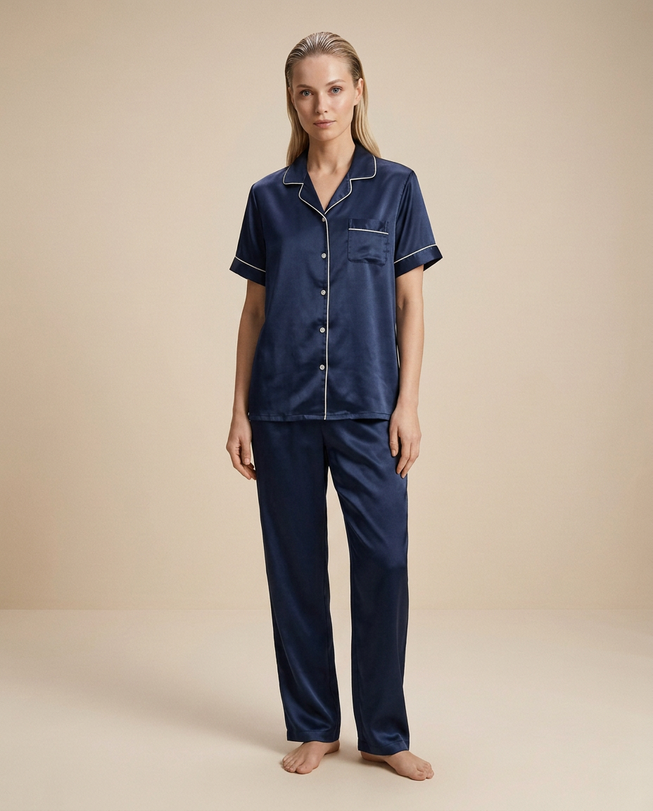 Nocturne Lounge Set — Midnight, female styling with loose slicked-back hair on a plain beige background