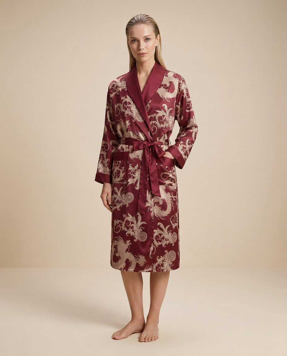 Palais Satin Robe — Burgundy, female styling with loose slicked-back hair on a plain beige background