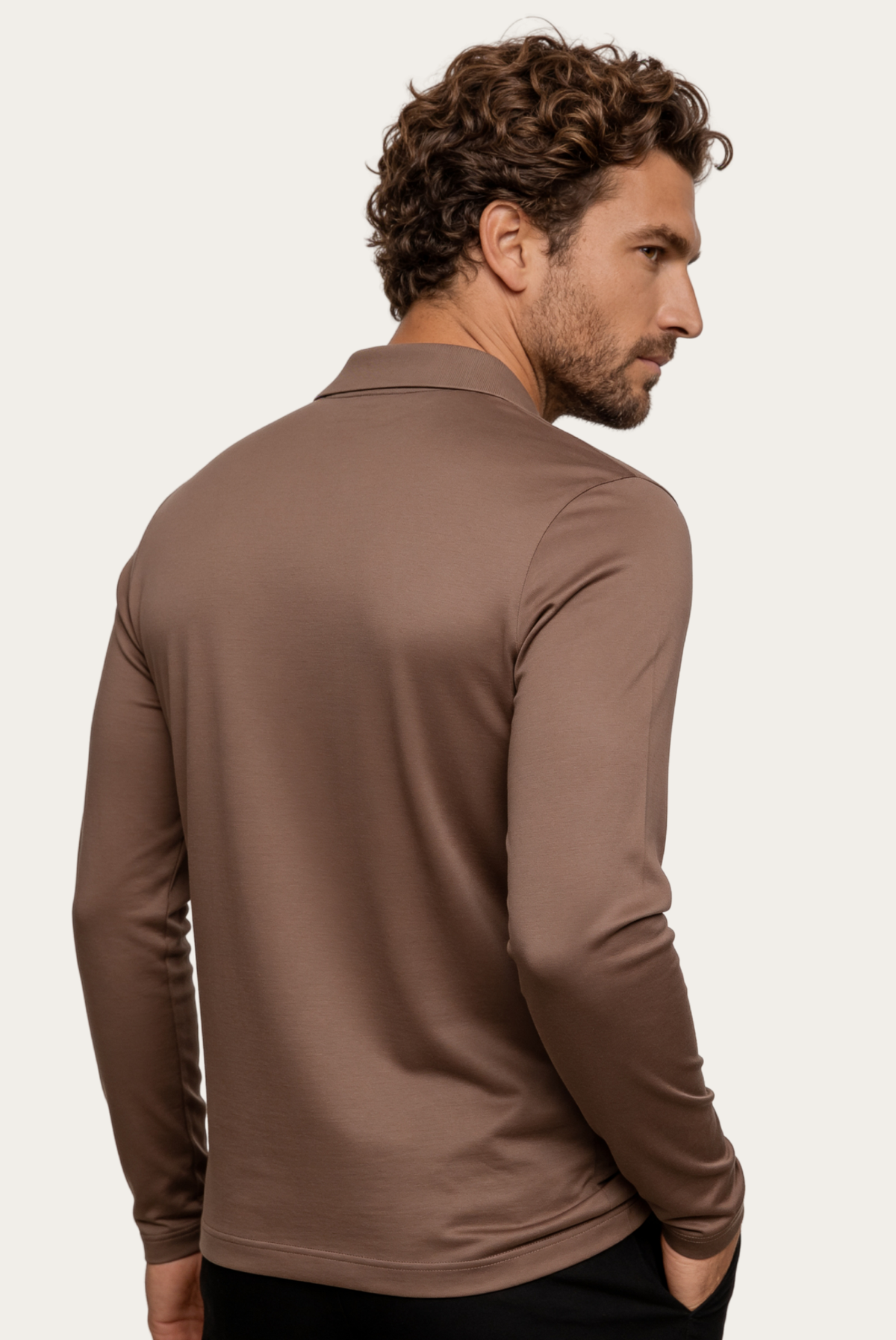 Velario Long-Sleeve Polo — Taupe — detail and styling view