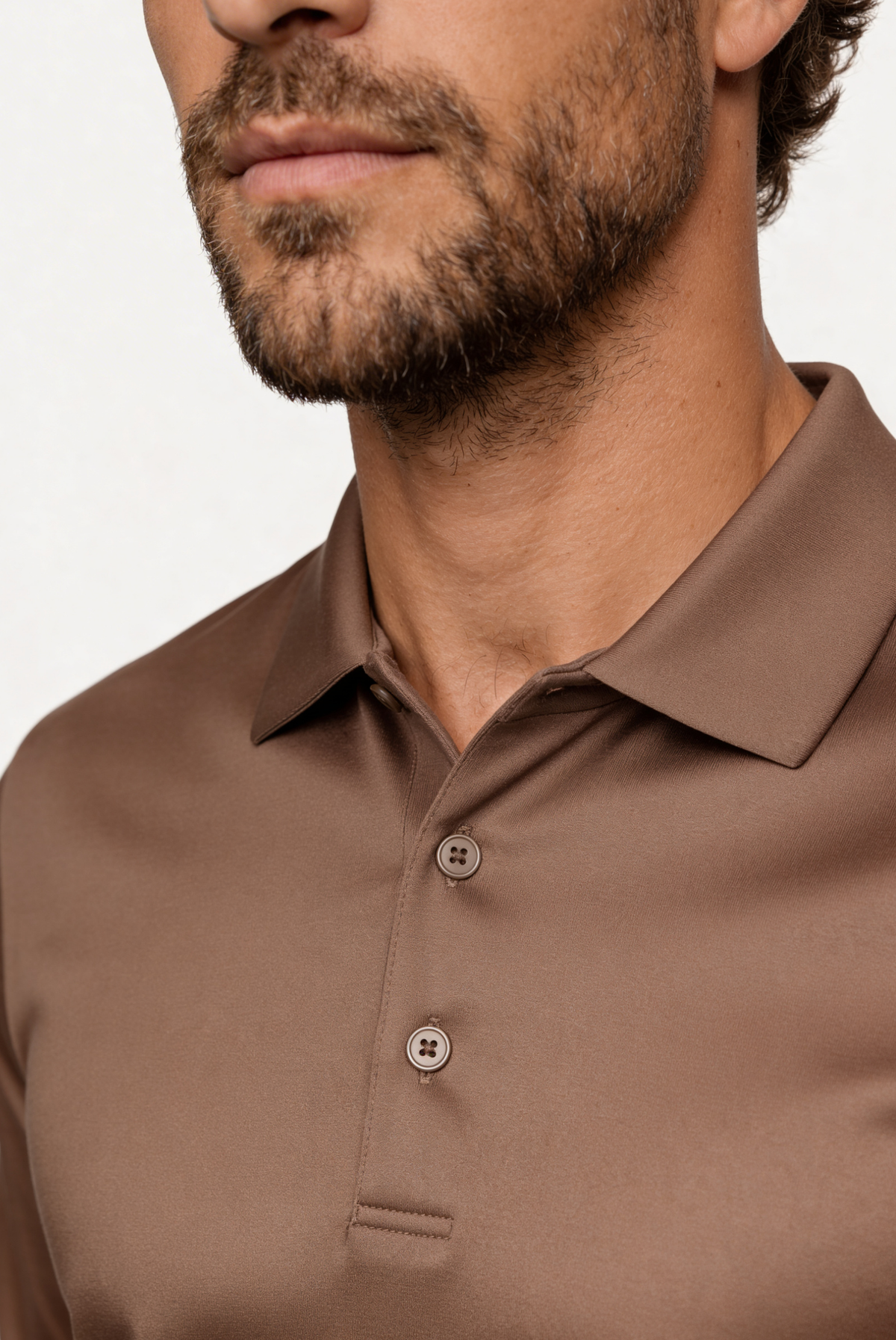 Velario Long-Sleeve Polo — Taupe — detail and styling view