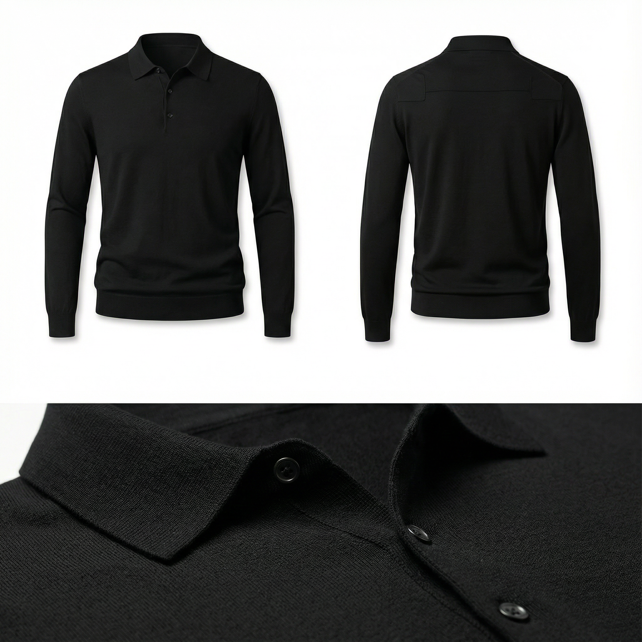 100% Merino Wool Polo Shirt Black