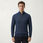 Silk–Cotton Cable Knit Half-Zip Navy Blue