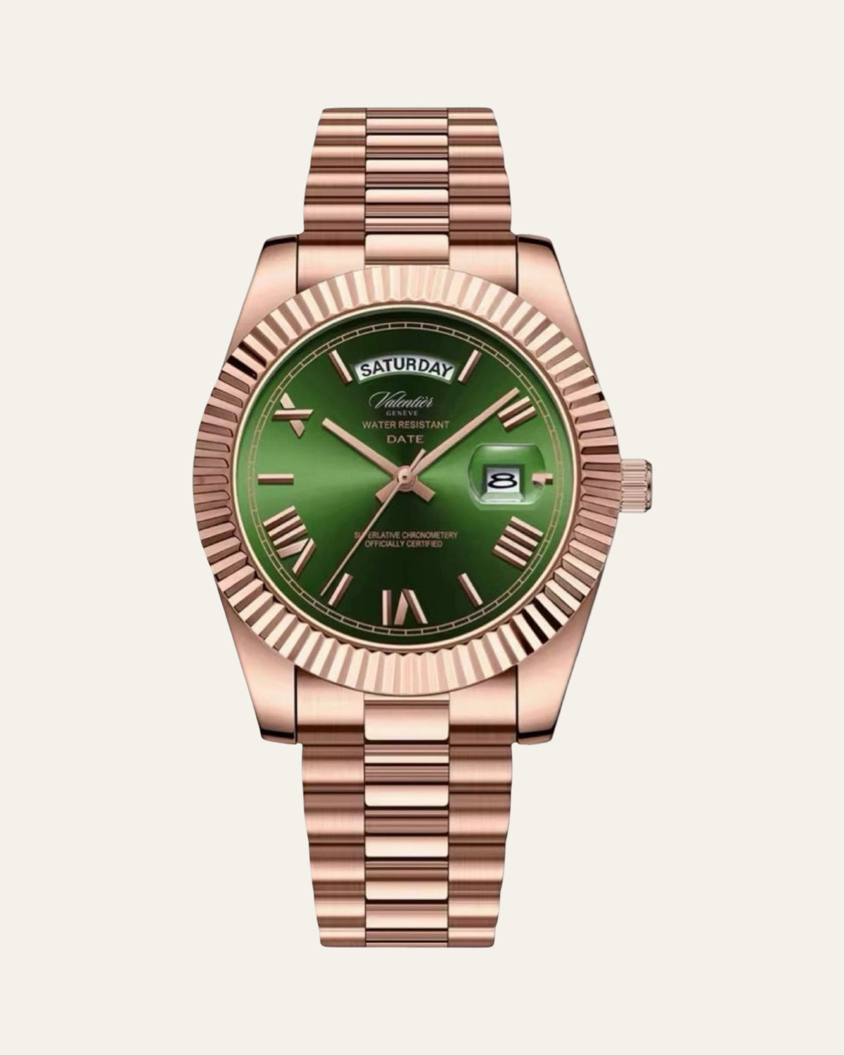 Prestige Fluted Bezel & Presidential Bracelet Watch Olive Gold — Shot 01