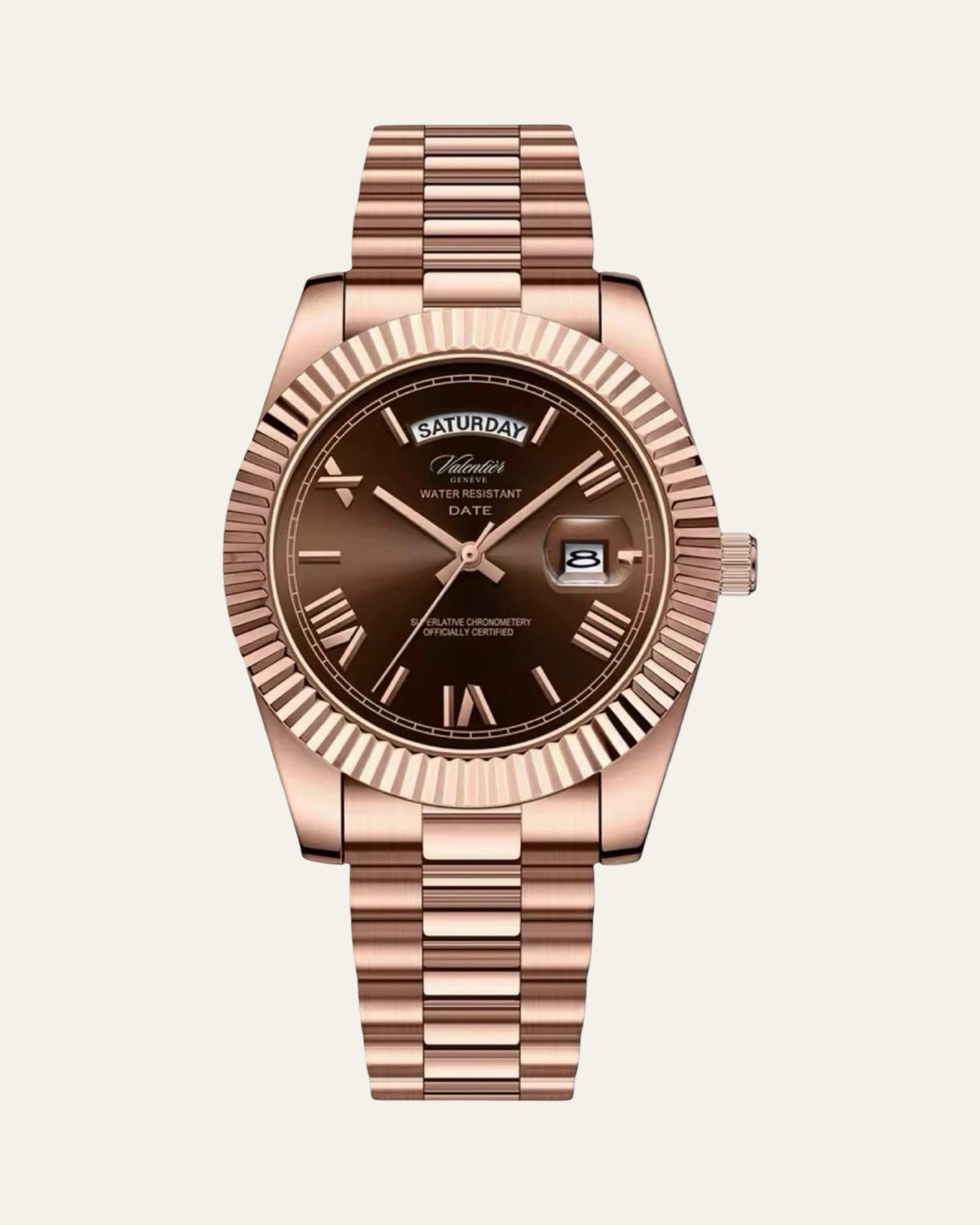 Prestige Fluted Bezel & Presidential Bracelet Watch Rose Gold — Shot 01