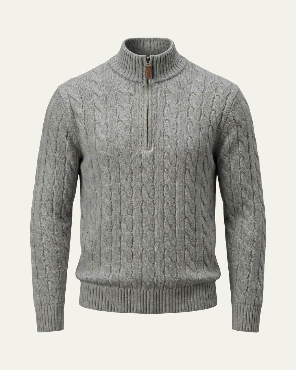 Silk–Cotton Cable Knit Half-Zip Grey — Shot 01