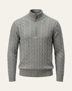 Silk–Cotton Cable Knit Half-Zip Grey — Shot 01