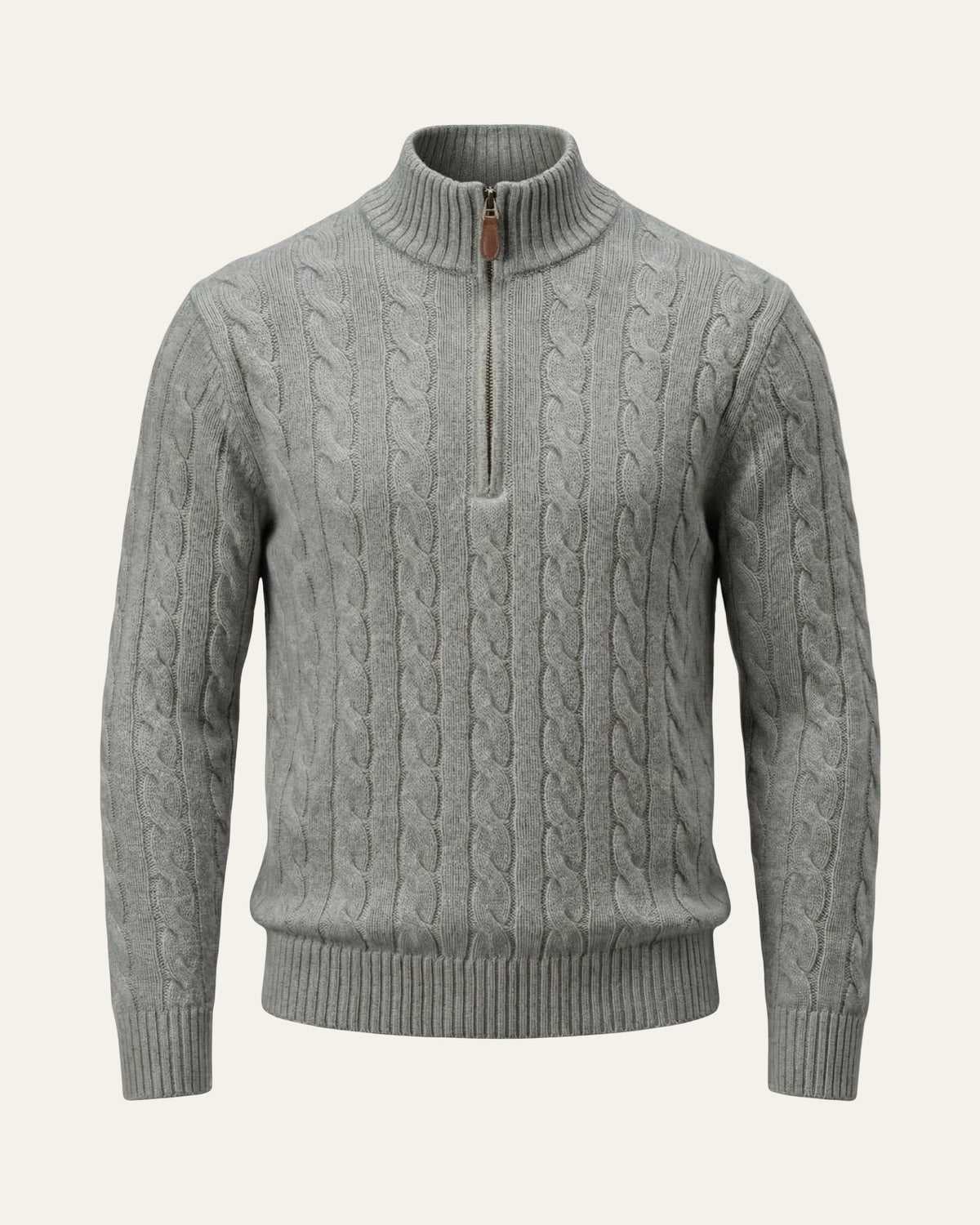 Silk–Cotton Cable Knit Half-Zip Grey — Shot 01
