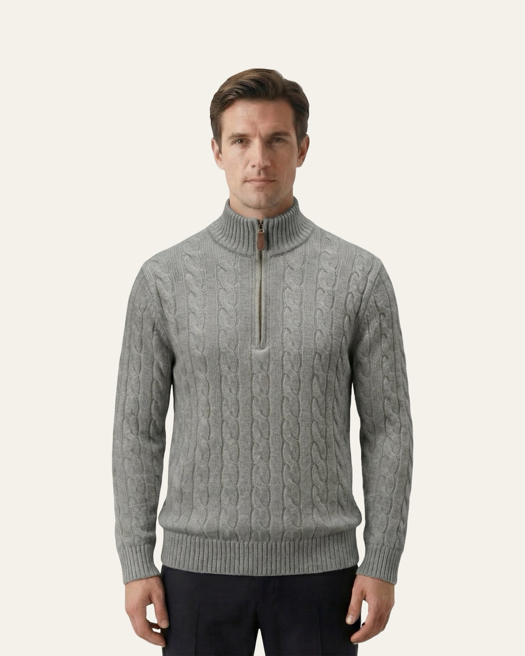 Silk–Cotton Cable Knit Half-Zip Grey — Shot 03