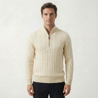 Silk–Cotton Cable Knit Half-Zip Beige