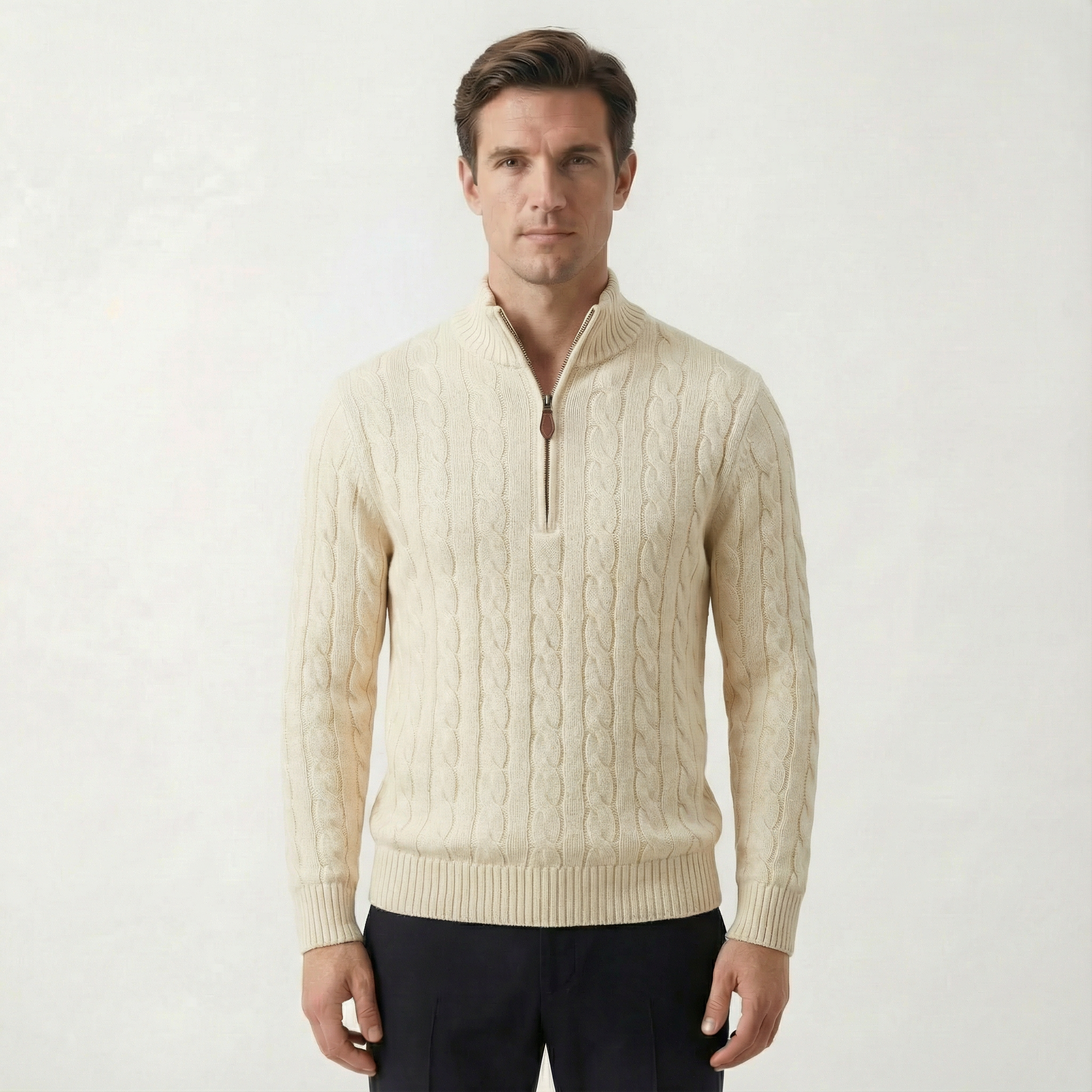 Silk–Cotton Cable Knit Half-Zip Beige