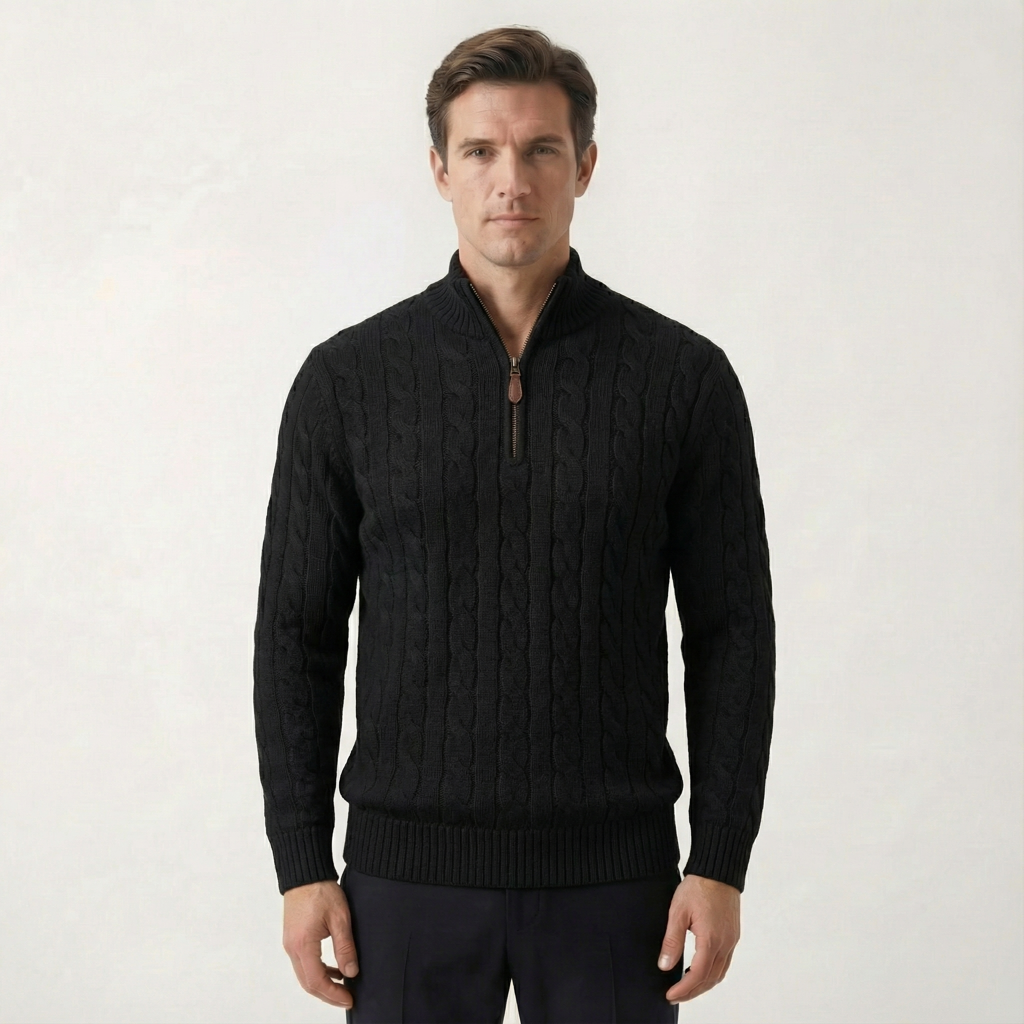 Silk–Cotton Cable Knit Half-Zip Black