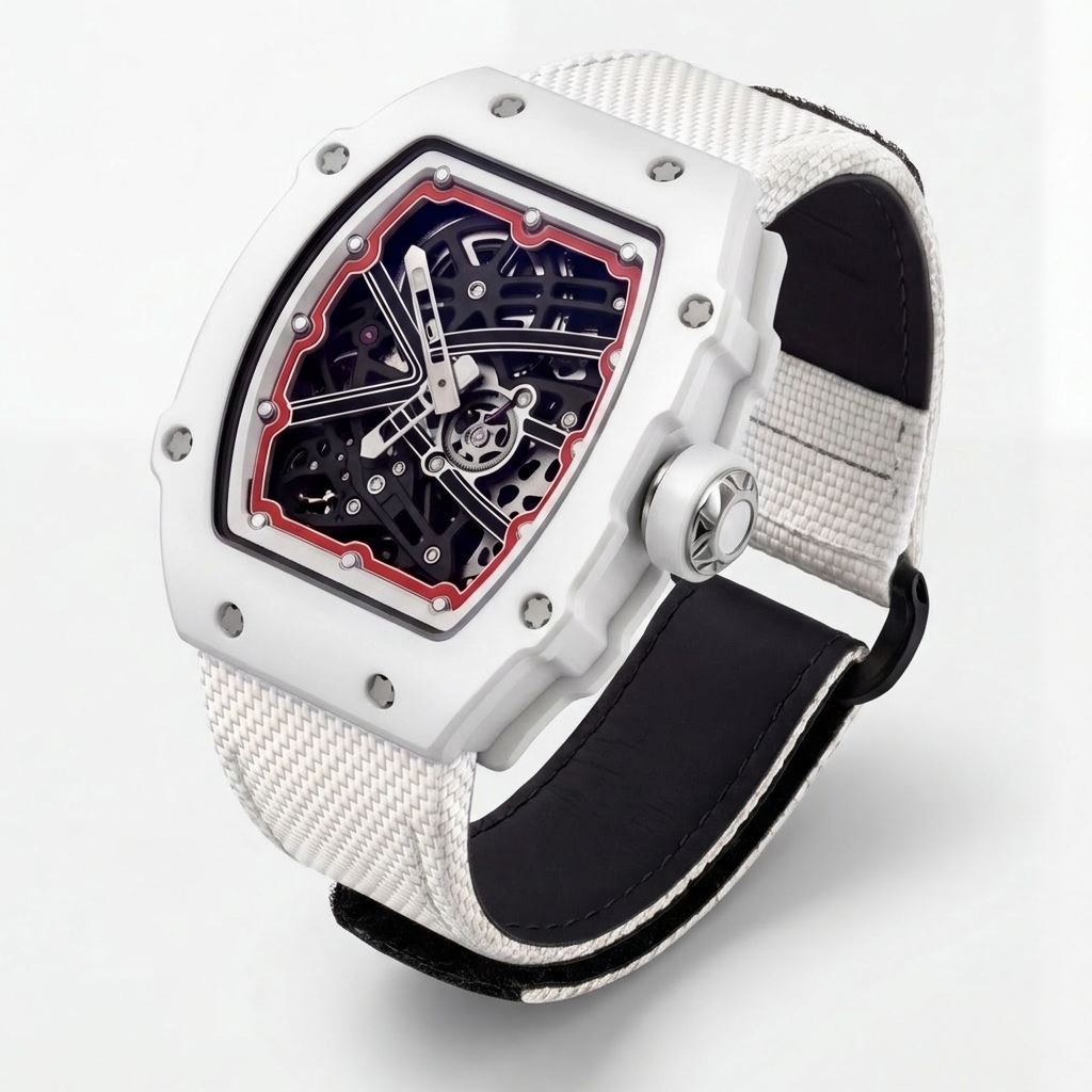 The Spectre N1 — Skeleton Super-Thin White-White, three-quarter product view with white woven strap