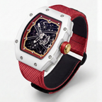 The Spectre N1 — Skeleton Super-Thin White-Red, three-quarter product view with red woven strap