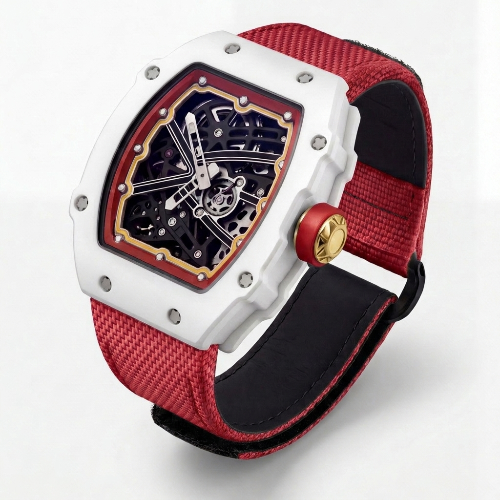 The Spectre N1 — Skeleton Super-Thin White-Red, three-quarter product view with red woven strap