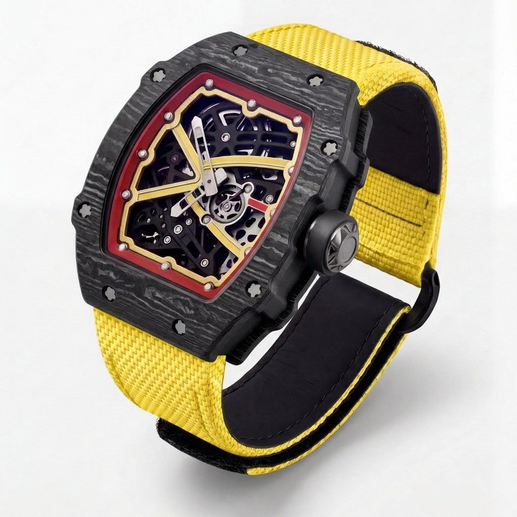 The Spectre N1 — Skeleton Super-Thin Black-Yellow, three-quarter product view with yellow woven strap
