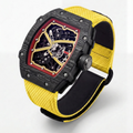 The Spectre N1 — Skeleton Super-Thin Black-Yellow, three-quarter product view with yellow woven strap
