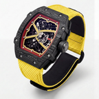 The Spectre N1 — Skeleton Super-Thin Black-Yellow, three-quarter product view with yellow woven strap