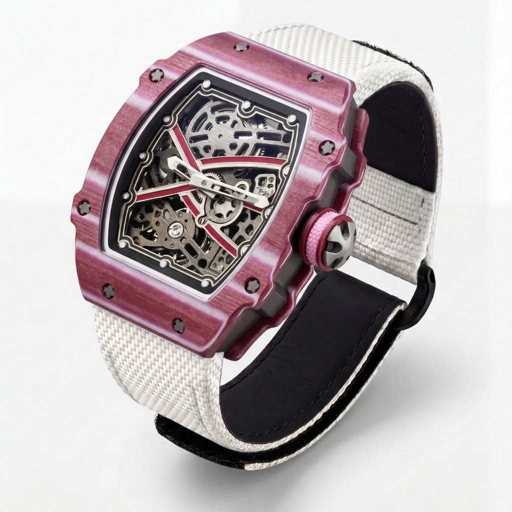 The Spectre N1 — Skeleton Super-Thin Pink-White, three-quarter product view with white woven strap