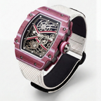 The Spectre N1 — Skeleton Super-Thin Pink-White, three-quarter product view with white woven strap