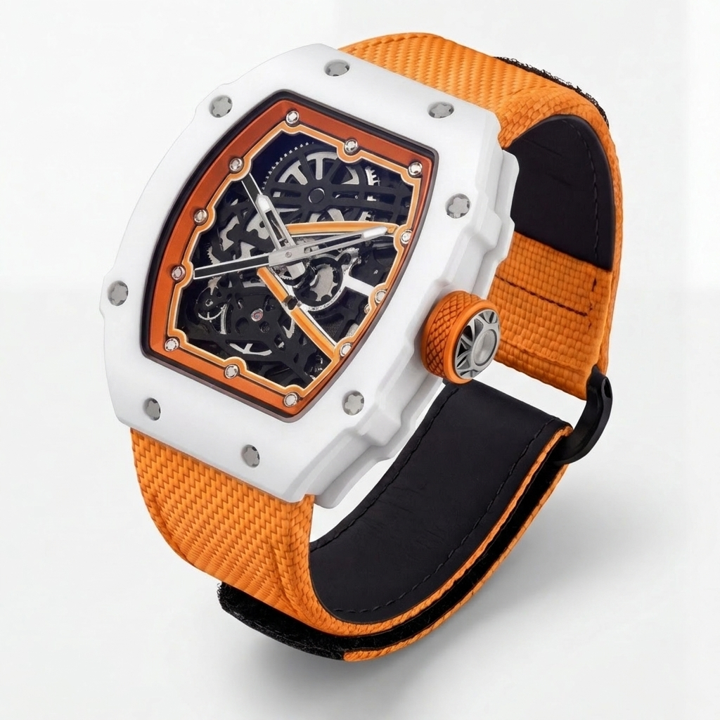 The Spectre N1 — Skeleton Super-Thin White-Orange, three-quarter product view with orange woven strap