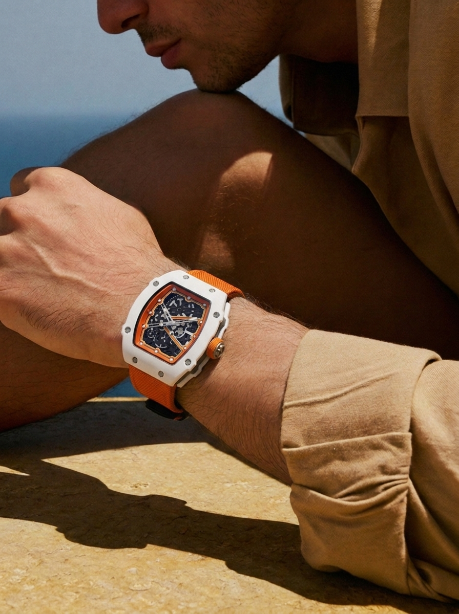 The Spectre N1 White-Orange, lifestyle — reclined on limestone