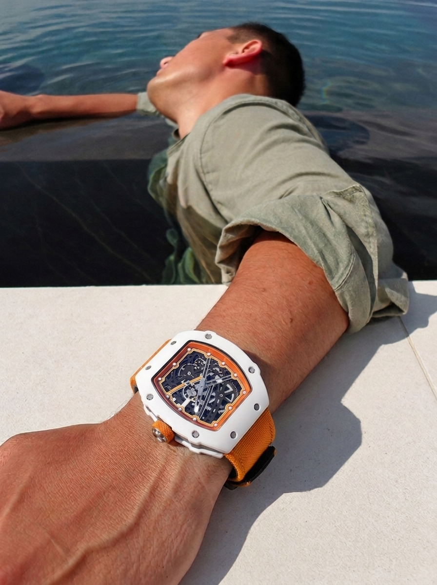 The Spectre N1 White-Orange, lifestyle — poolside