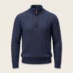 Silk-Cotton Cable Knit Half-Zip Navy Blue