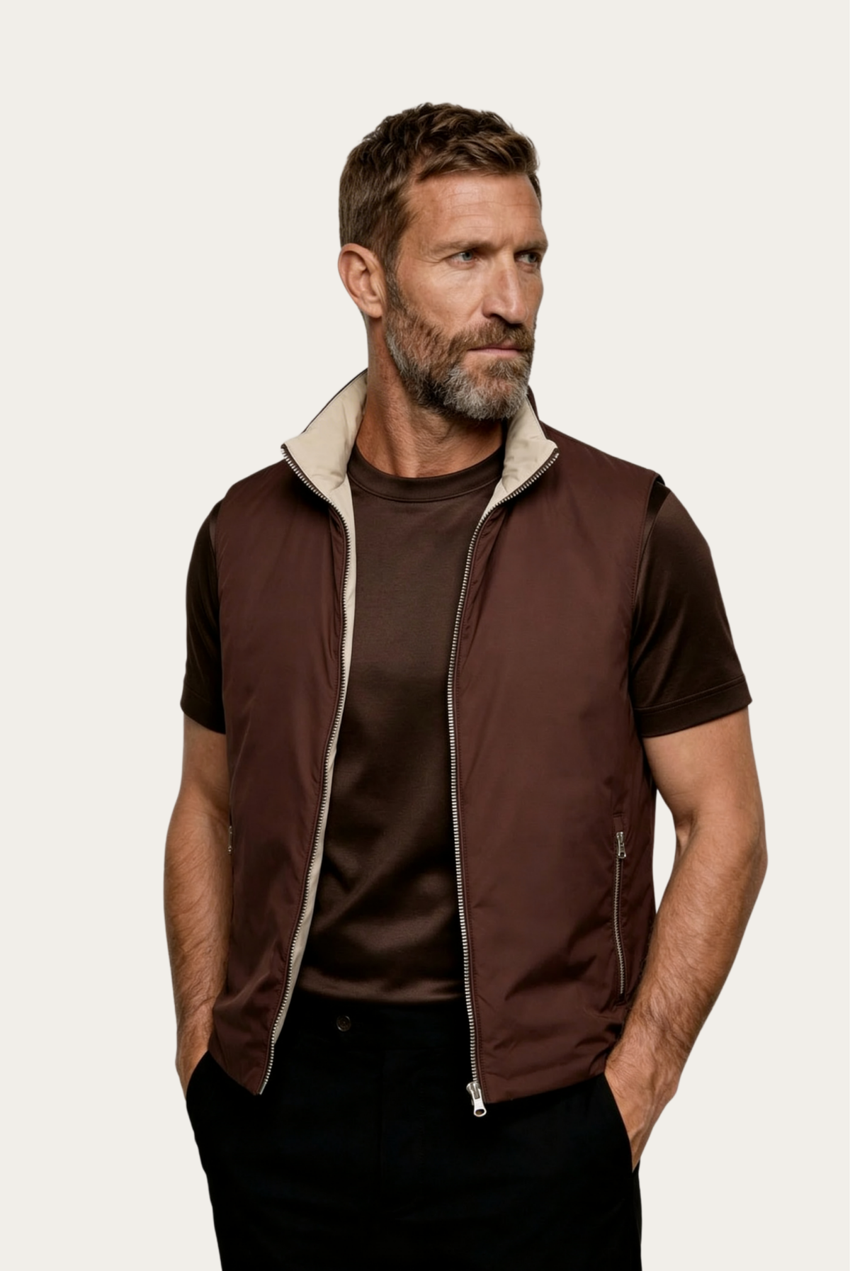 Montreux Gilet — Espresso — detail and styling view