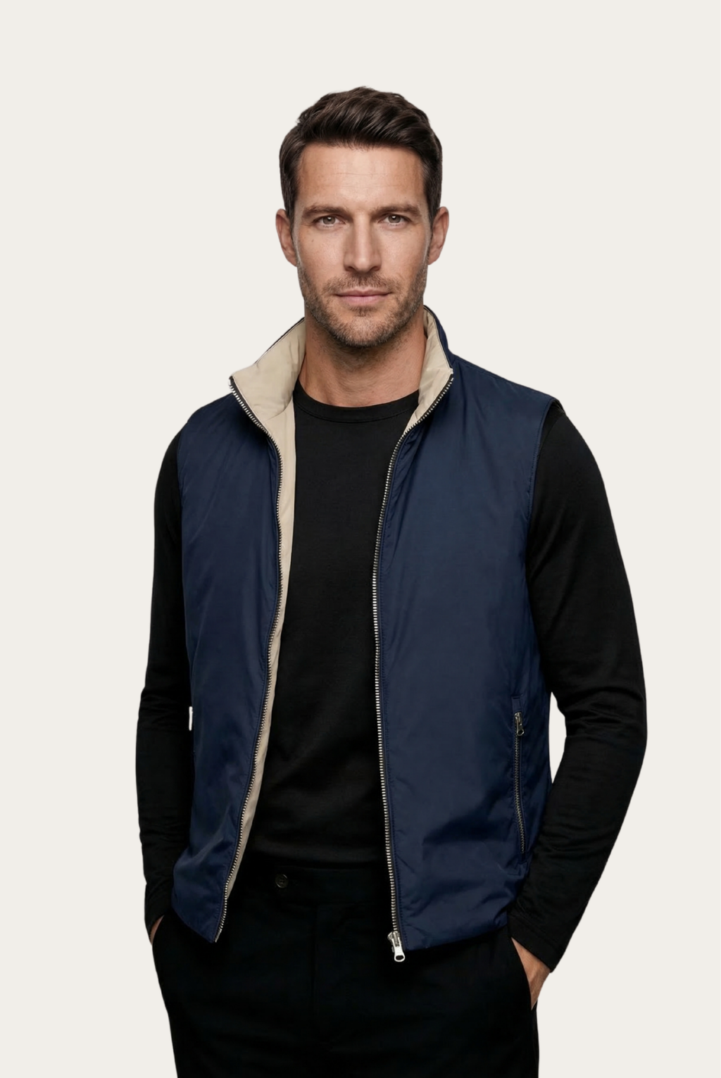 Montreux Gilet — Midnight — detail and styling view