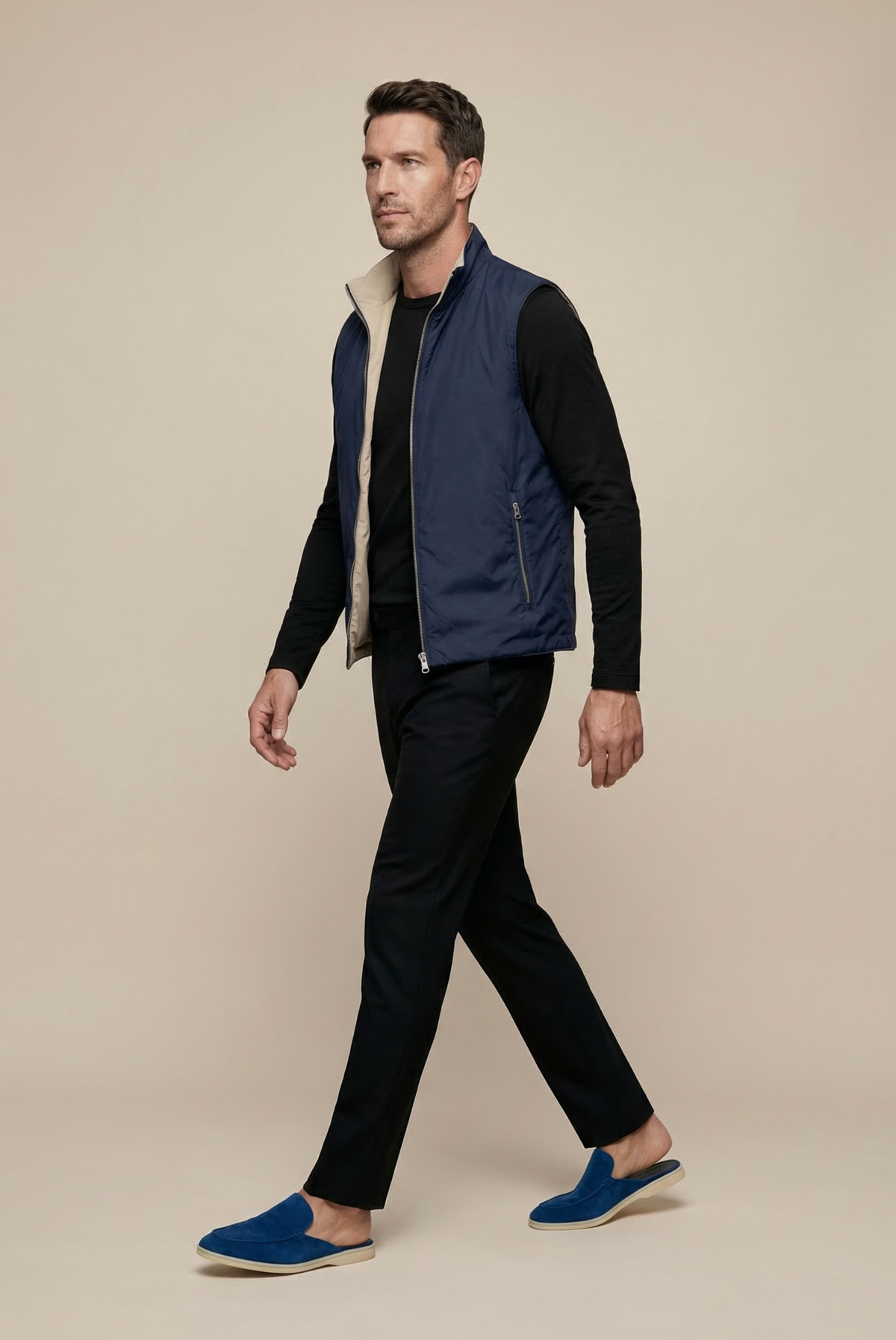 Montreux Gilet — Midnight — detail and styling view