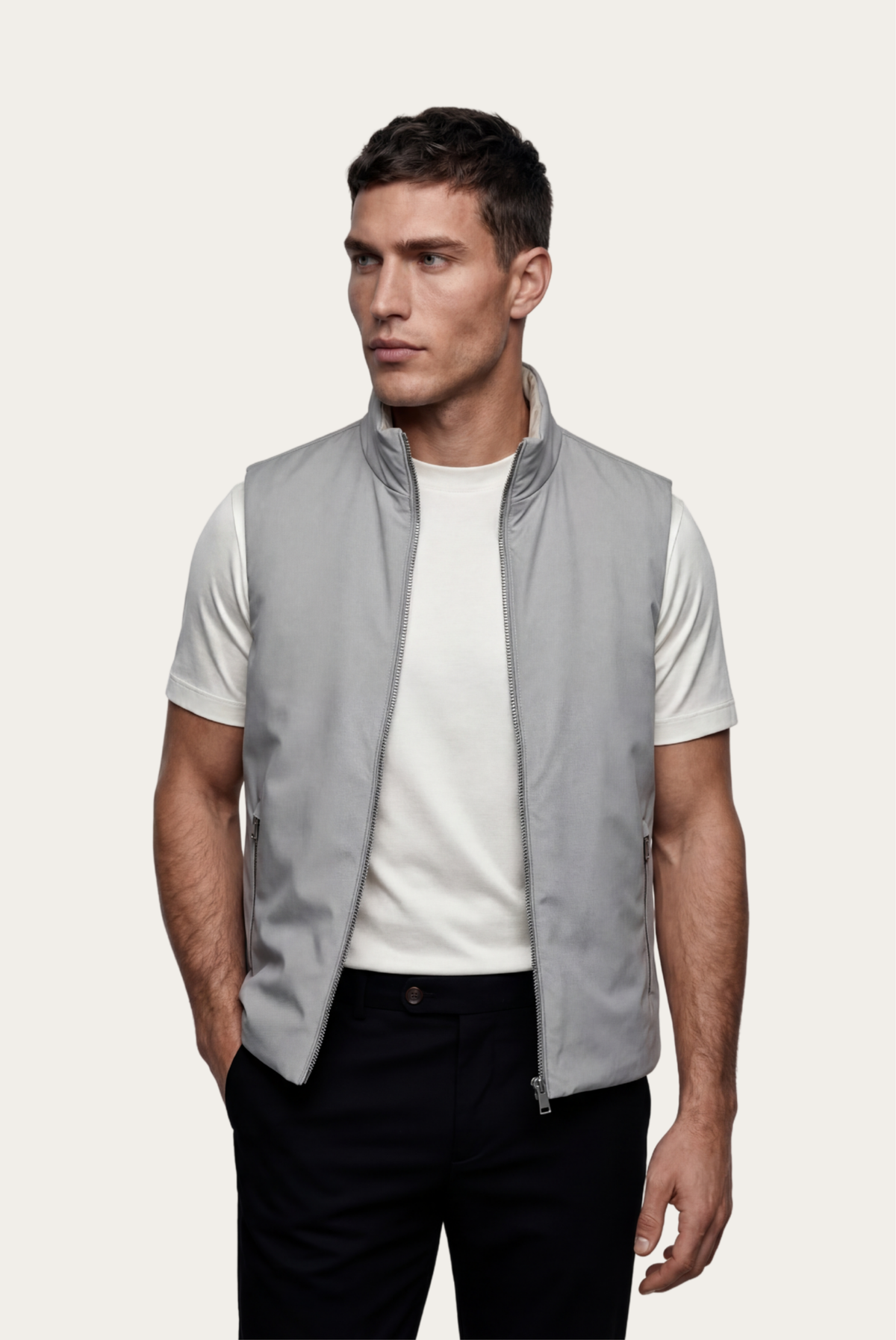 Montreux Gilet — Pearl — detail and styling view