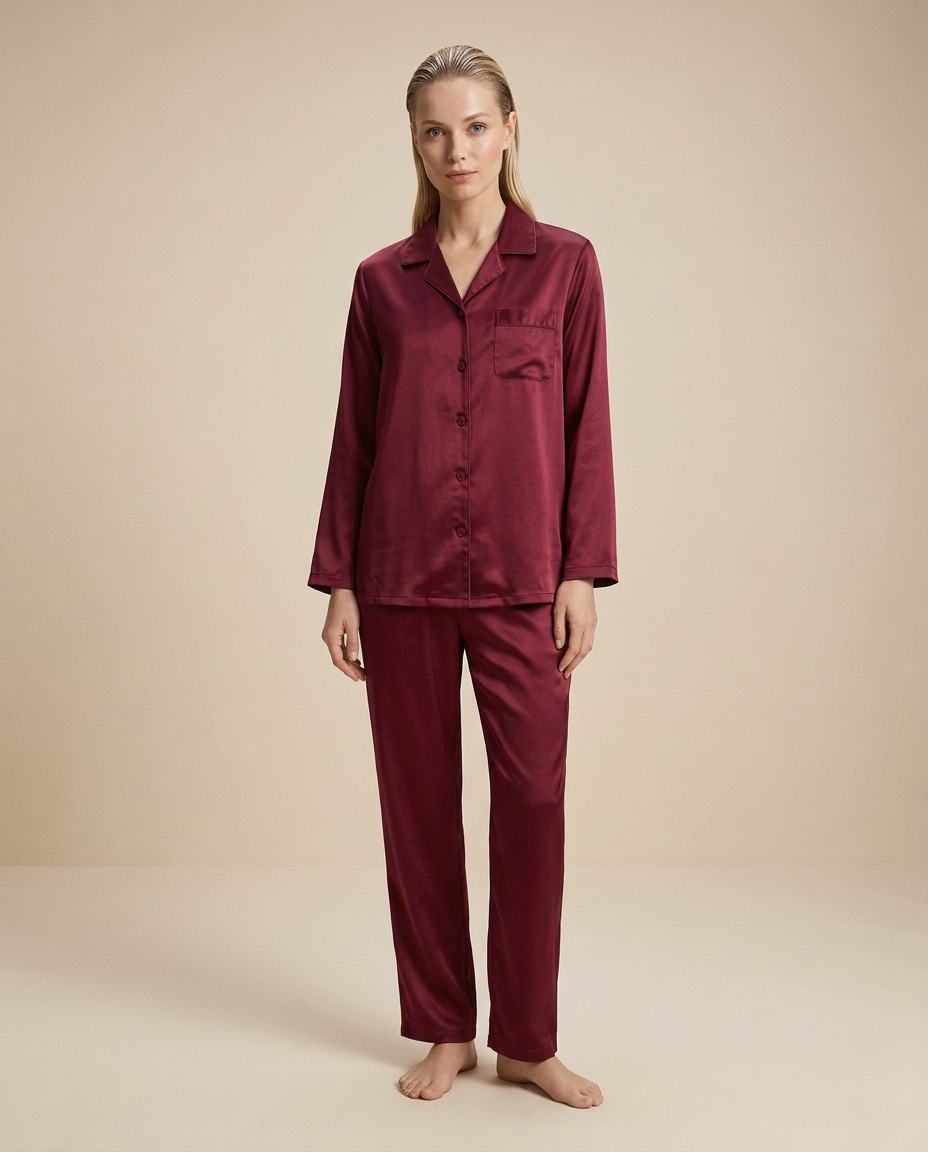 Nocturne Long-Sleeve Lounge Set — Burgundy, female styling with loose slicked-back hair on a plain beige background