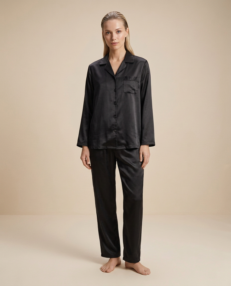 Nocturne Long-Sleeve Lounge Set — Onyx, female styling with loose slicked-back hair on a plain beige background