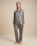 Nocturne Long-Sleeve Lounge Set — Silver, female styling with loose slicked-back hair on a plain beige background