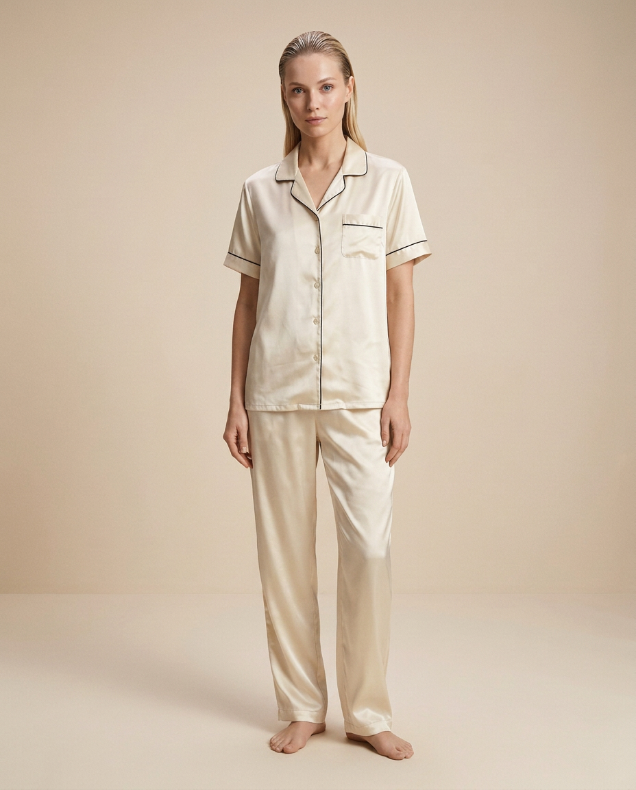 Nocturne Lounge Set — Ivory, female styling with loose slicked-back hair on a plain beige background