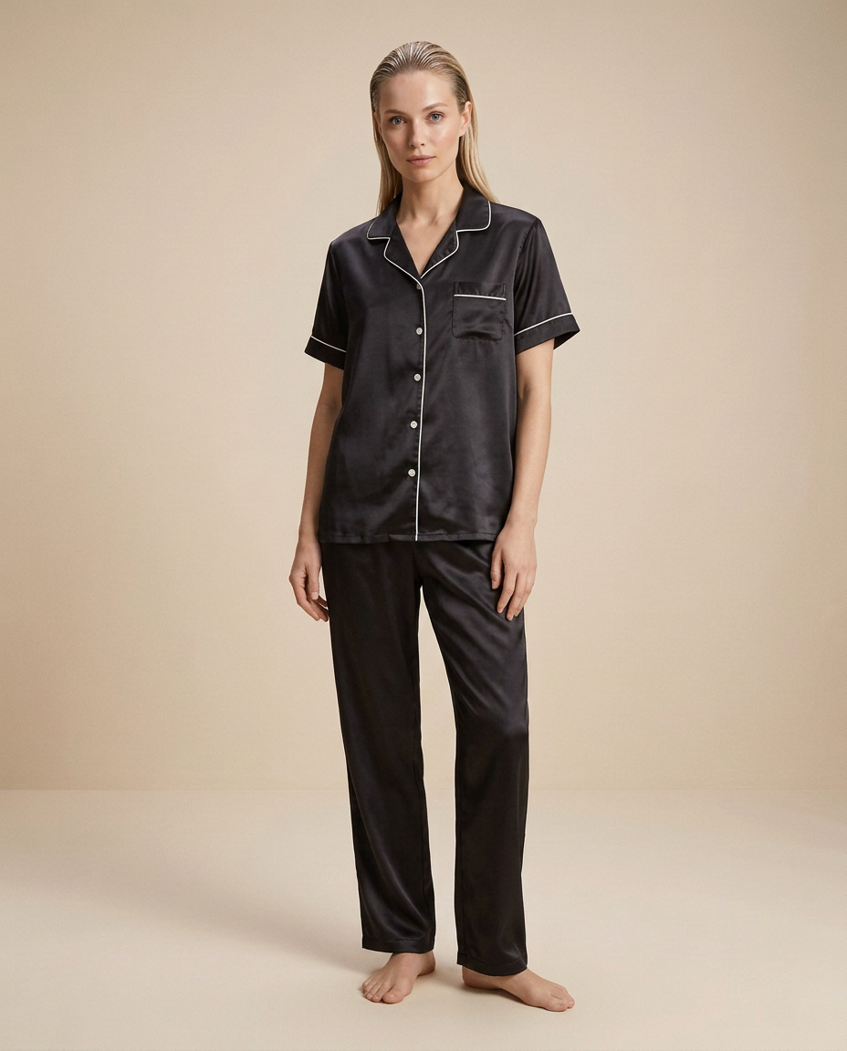 Nocturne Lounge Set — Onyx, female styling with loose slicked-back hair on a plain beige background