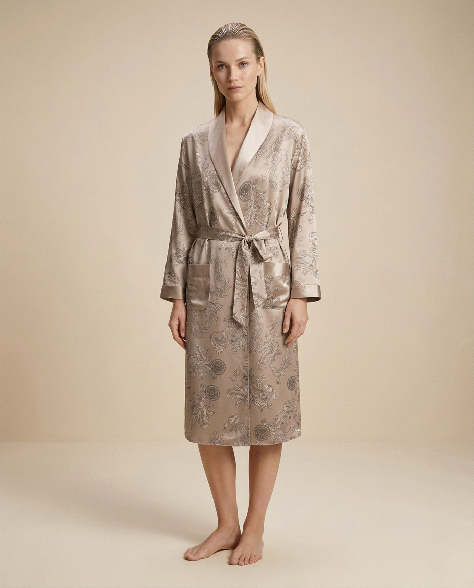Palais Satin Robe — Champagne, female styling with loose slicked-back hair on a plain beige background