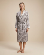 Palais Satin Robe — Silver, female styling with loose slicked-back hair on a plain beige background