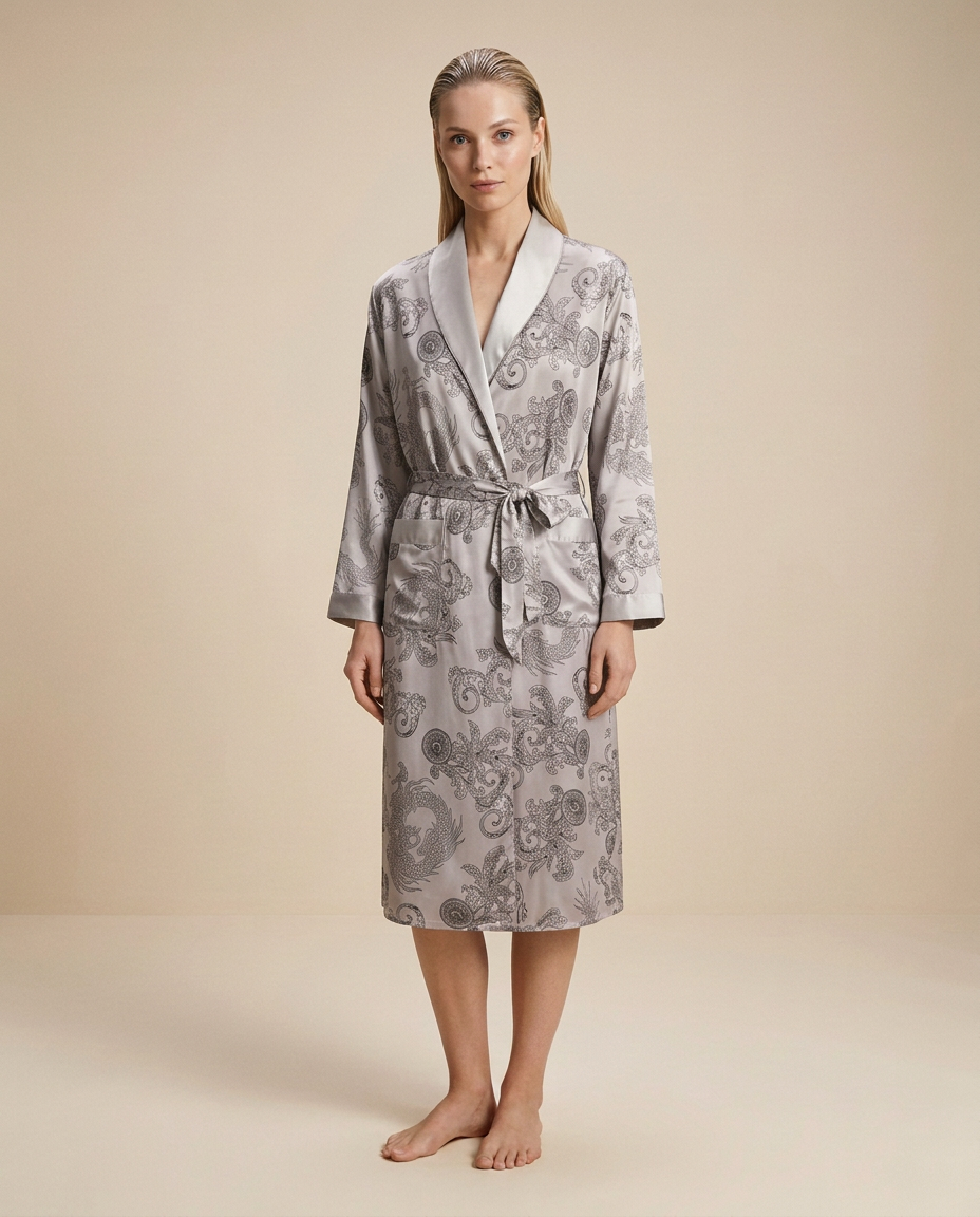 Palais Satin Robe — Silver, female styling with loose slicked-back hair on a plain beige background