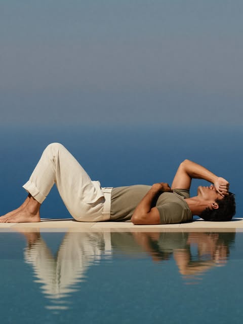 Man in a sage knit tee by a Mediterranean infinity pool