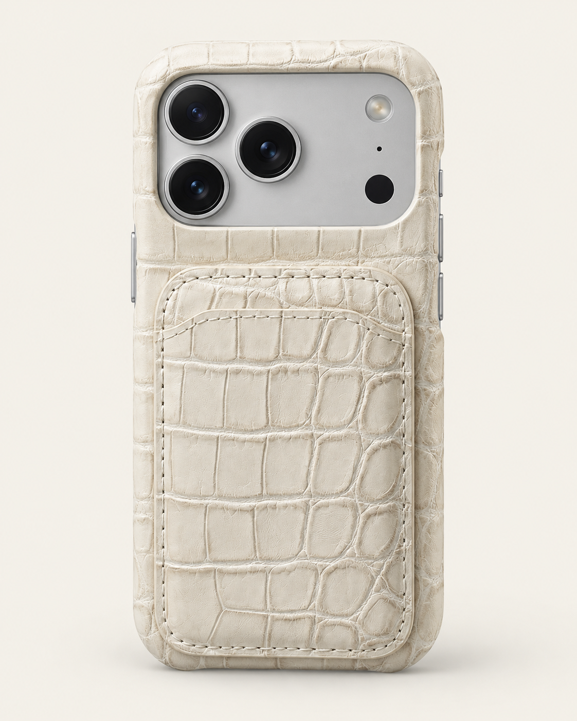 Himalayan Élite ivory leather case for iPhone 18 Pro Max — straight-on studio view