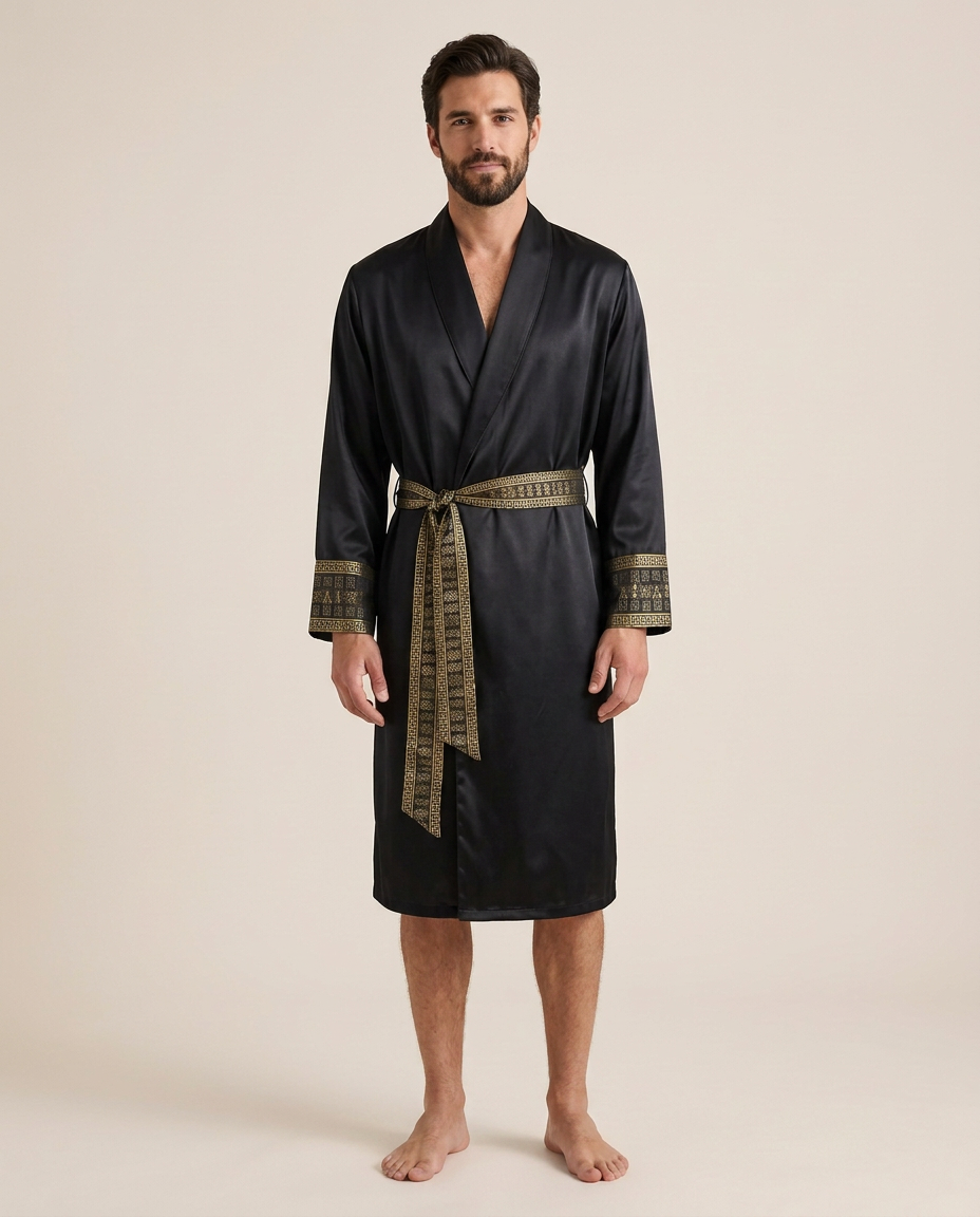 Orient Satin Robe — Onyx & Gold, studio view