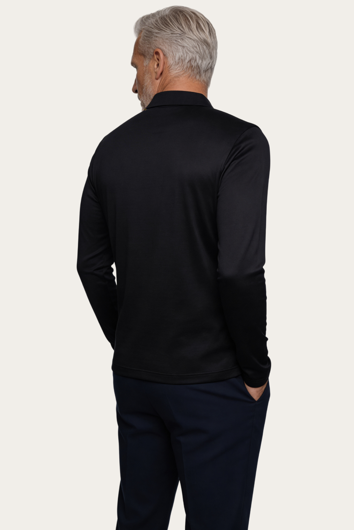 Velario Long-Sleeve Polo — Black — detail and styling view