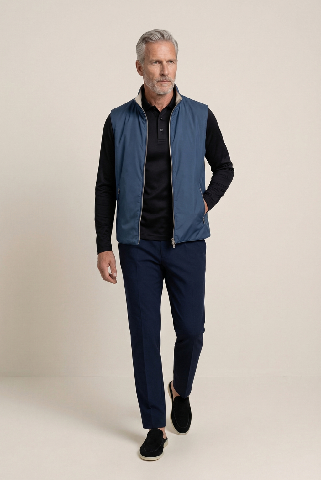 Velario Long-Sleeve Polo — Black — detail and styling view