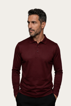 Velario Long-Sleeve Polo — Burgundy — detail and styling view