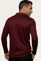 Velario Long-Sleeve Polo — Burgundy — detail and styling view