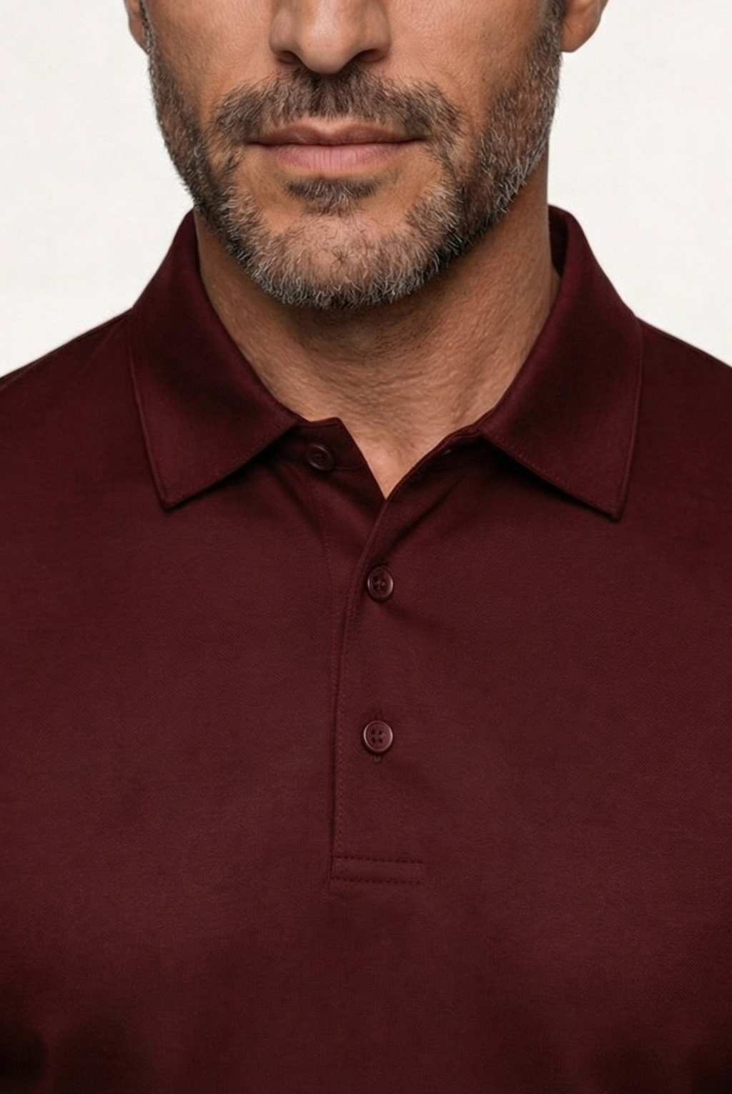 Velario Long-Sleeve Polo — Burgundy — detail and styling view