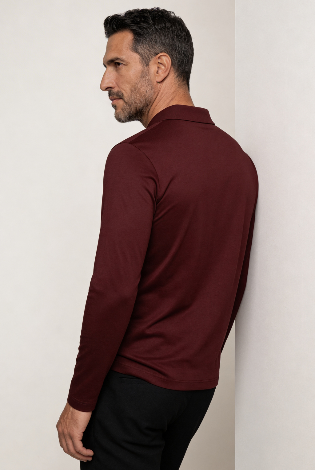 Velario Long-Sleeve Polo — Burgundy — detail and styling view